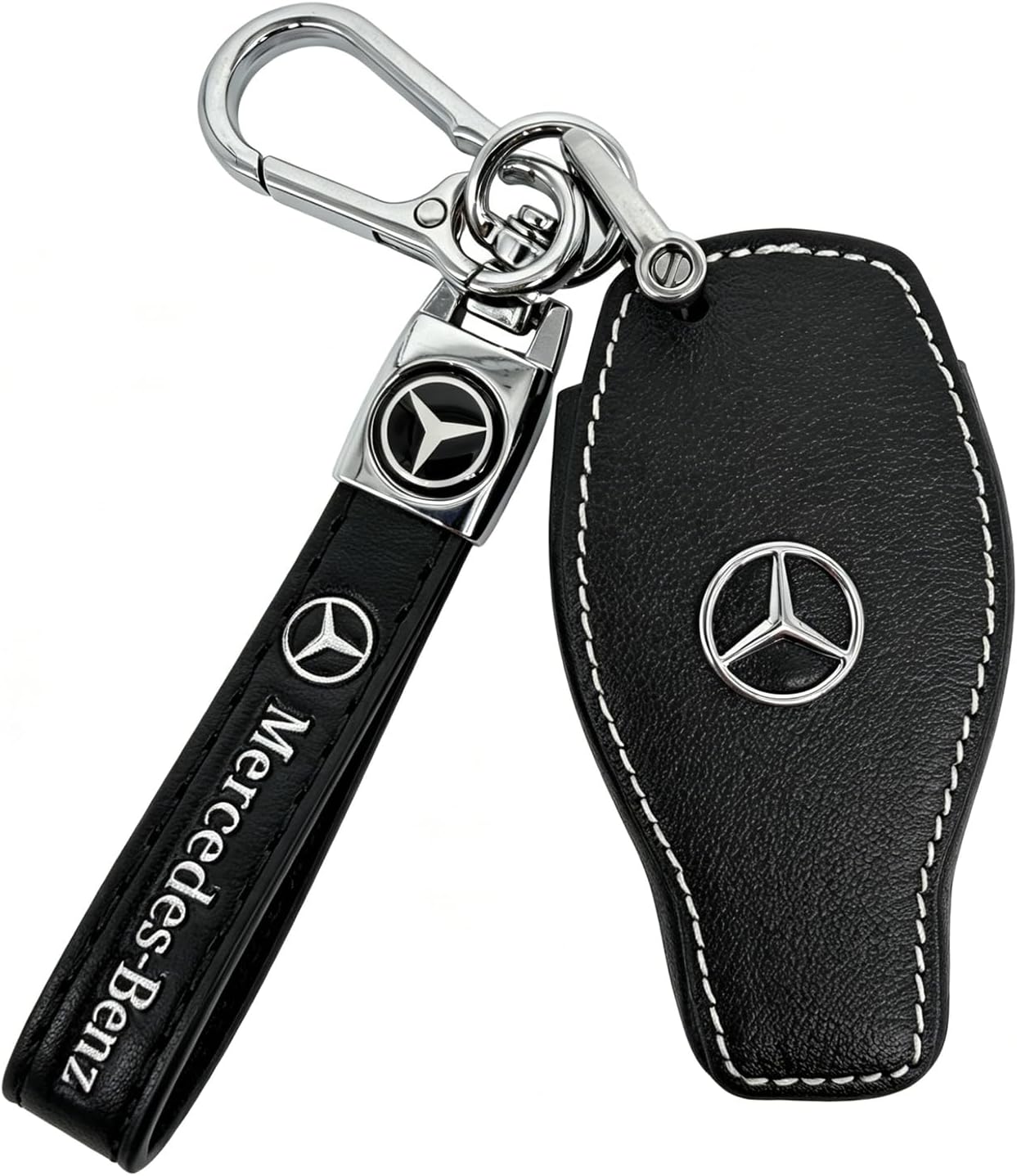 Leather Key Fob Cover for Mercedes-Benz, Full Protective Case with Metal Keychain, Compatible with LS CLK AMG CLK CLK GLC GLE GLS ML SL SLK A C E R S G Remote Key,(Style B: Black)